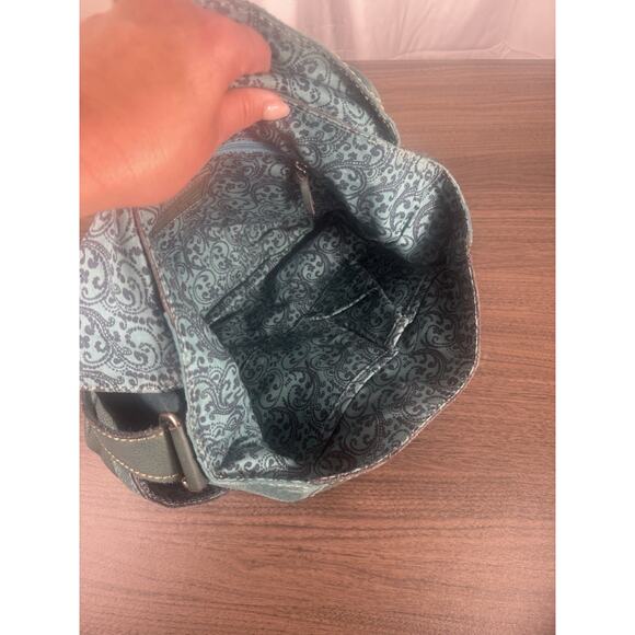 Fossil Green Leather & Orange suede crossbody bag. VTG boho fossil flap bag - Picture 7 of 14